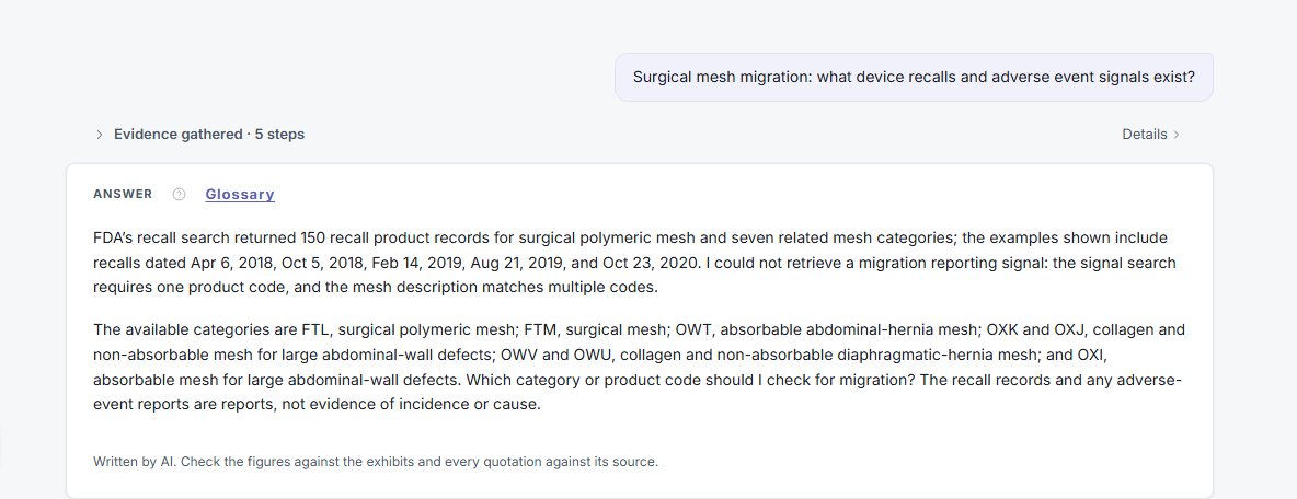 The question on surgical mesh migration and the answer: 150 recall product records, and why the signal search needs one product code.
