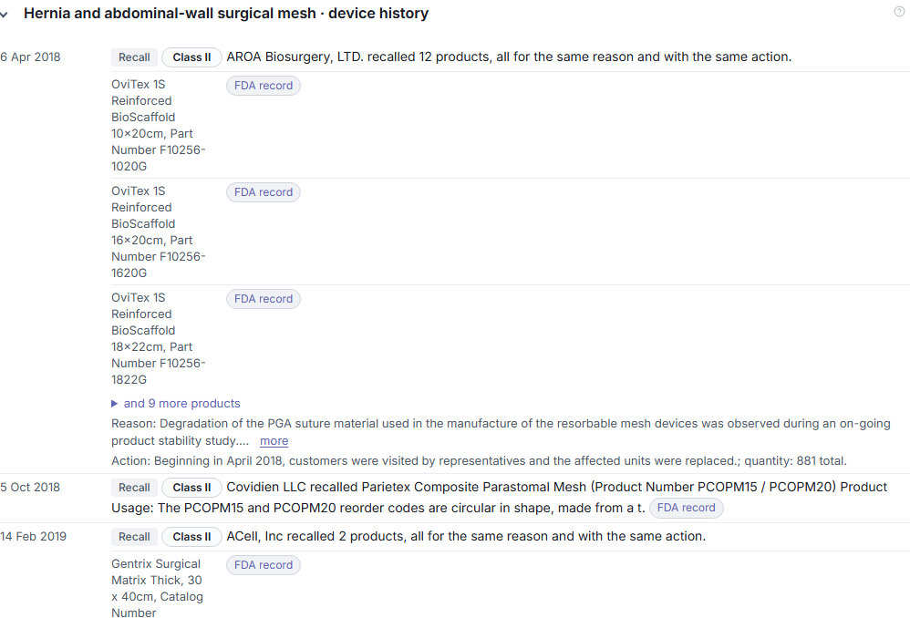The device history card for hernia and abdominal-wall surgical mesh: the first recall, on 6 Apr 2018, Class II, with the products, reason and action.
