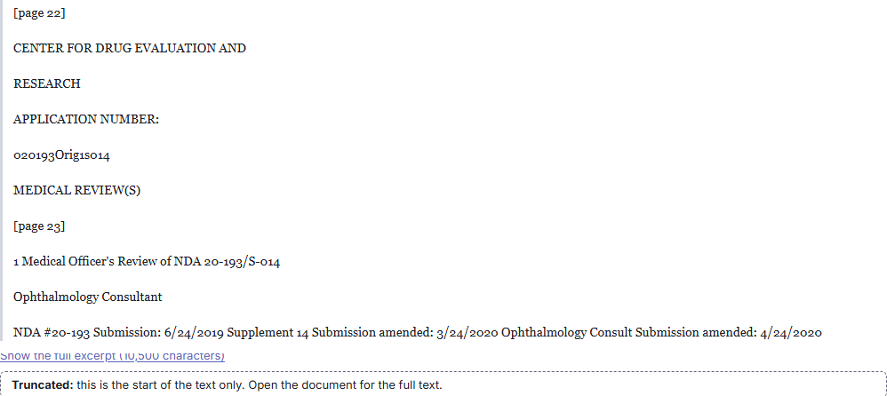 The document card opening the text of FDA's Medical Officer's Review of NDA 20-193/S-014, which lists its submission dates (6/24/2019, amended 3/24/2020 and 4/24/2020), with the notice that the excerpt is truncated.