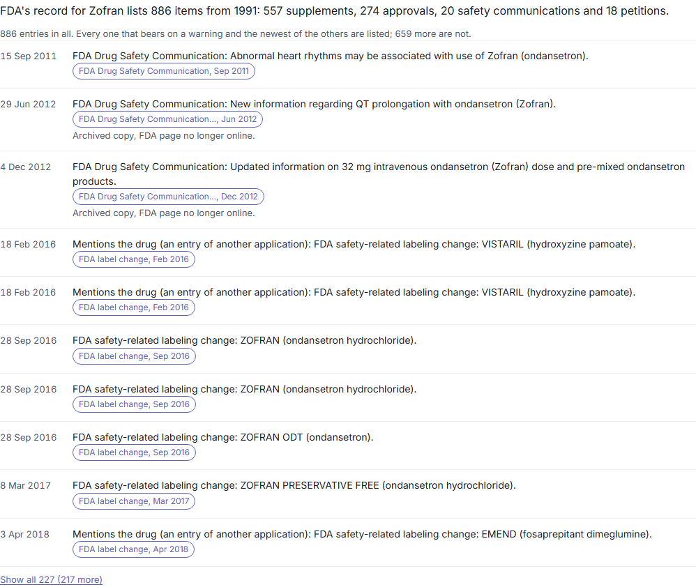 FDA's record for Zofran: 886 items from 1991, with the safety communications and labeling changes listed by date.