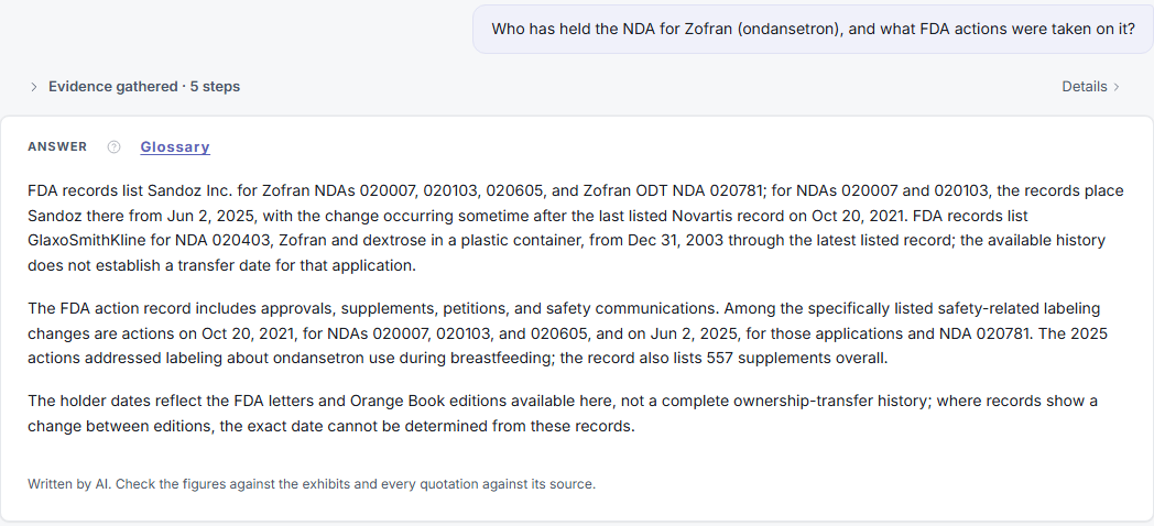 The question about who has held the NDA for Zofran and the answer listing Sandoz and GlaxoSmithKline with dates, and the stated limit: the holder dates reflect the FDA letters and Orange Book editions available.