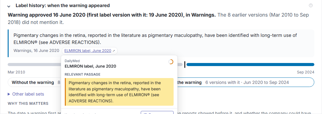 Hovering the citation ELMIRON label, June 2020 shows the source, the document and the relevant passage, with Open source.