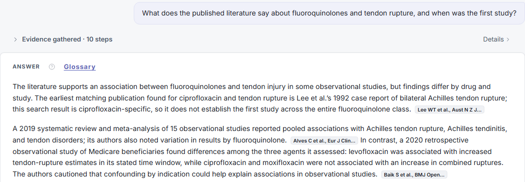 The question on fluoroquinolones and tendon rupture and the answer citing a 1992 case report, a 2019 meta-analysis and a 2020 Medicare study.
