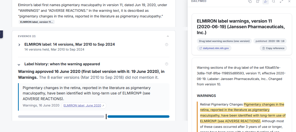 The answer that Elmiron's label first names pigmentary maculopathy in version 11, dated June 19, 2020, with the DailyMed panel open on the highlighted warning sentence.