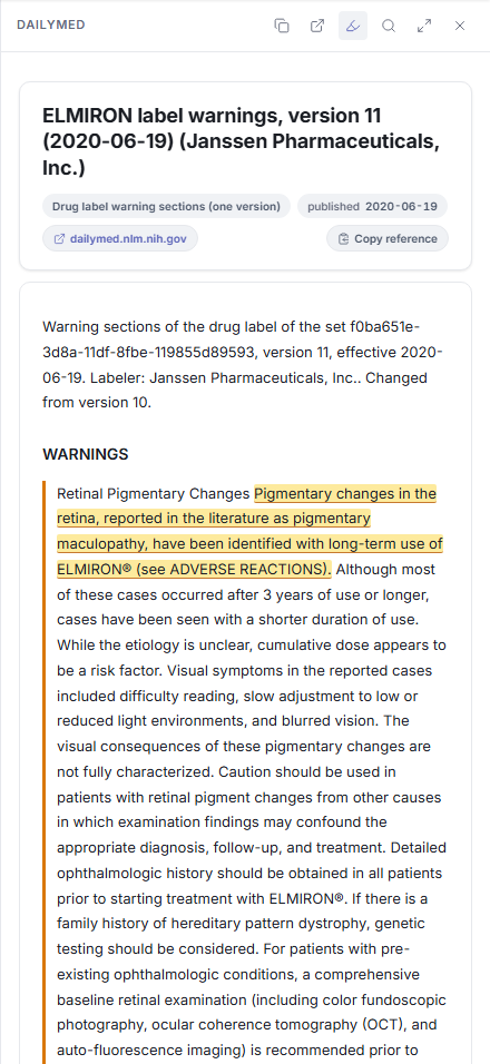 The right-hand panel headed DAILYMED: ELMIRON label warnings, version 11 (2020-06-19), published 2020-06-19, with the WARNINGS text and the Retinal Pigmentary Changes sentence highlighted.