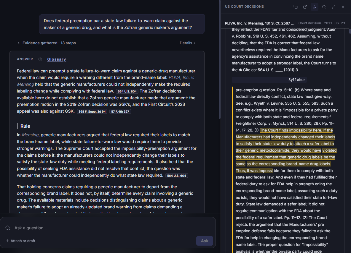 The question about the Zofran generic maker's argument, the answer that cites PLIVA v. Mensing and corrects the premise, and the Mensing syllabus open on the right with the holding highlighted.