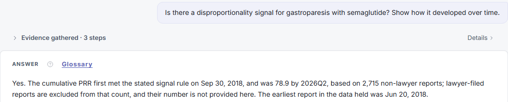 The question on semaglutide and gastroparesis and the first paragraph of the answer: PRR 78.9 by 2026Q2 on 2,715 non-lawyer reports, lawyer-filed reports excluded.