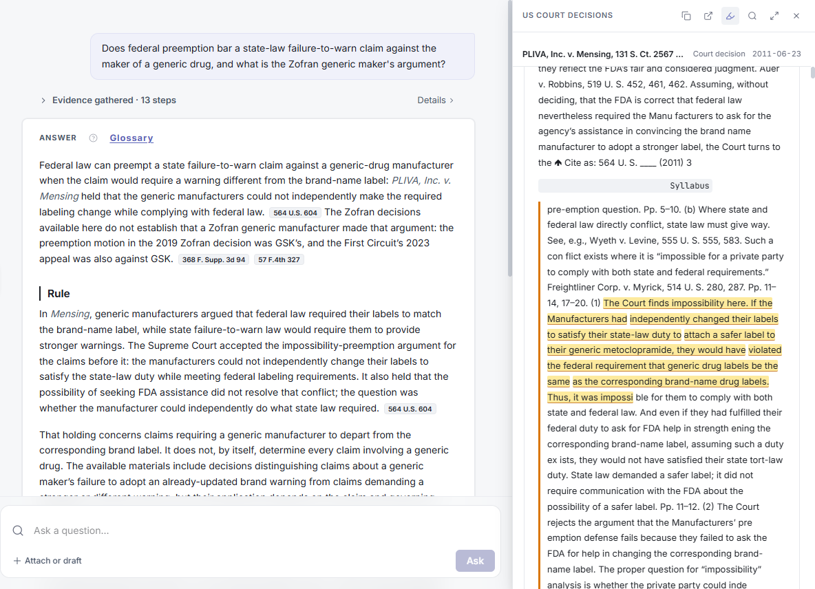 An answer citing PLIVA, Inc. v. Mensing, with the source panel on the right headed US COURT DECISIONS and the holding highlighted.