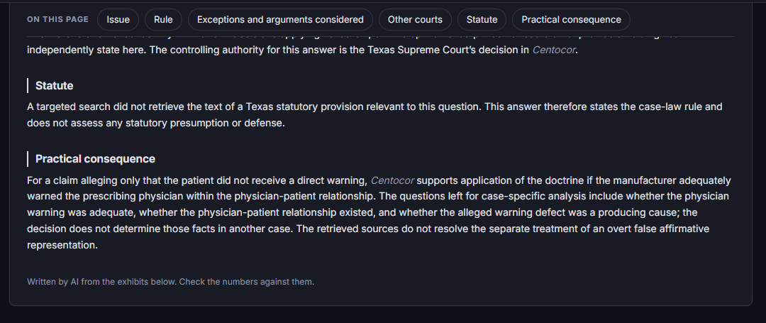A Texas memo with the On this page bar (Issue, Rule, Exceptions and arguments considered, Other courts, Statute, Practical consequence), the Statute paragraph, the Practical consequence paragraph and the Evidence (5) line.